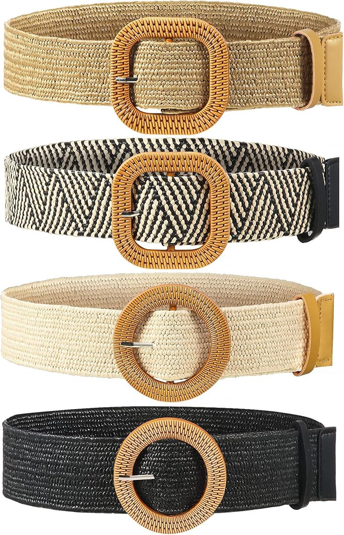 4 Pack Straw Woven Belt Elastic Stretch Rattan Waist Belt Women Skinny Raffia Dress Belt Wooden B... | Amazon (US)