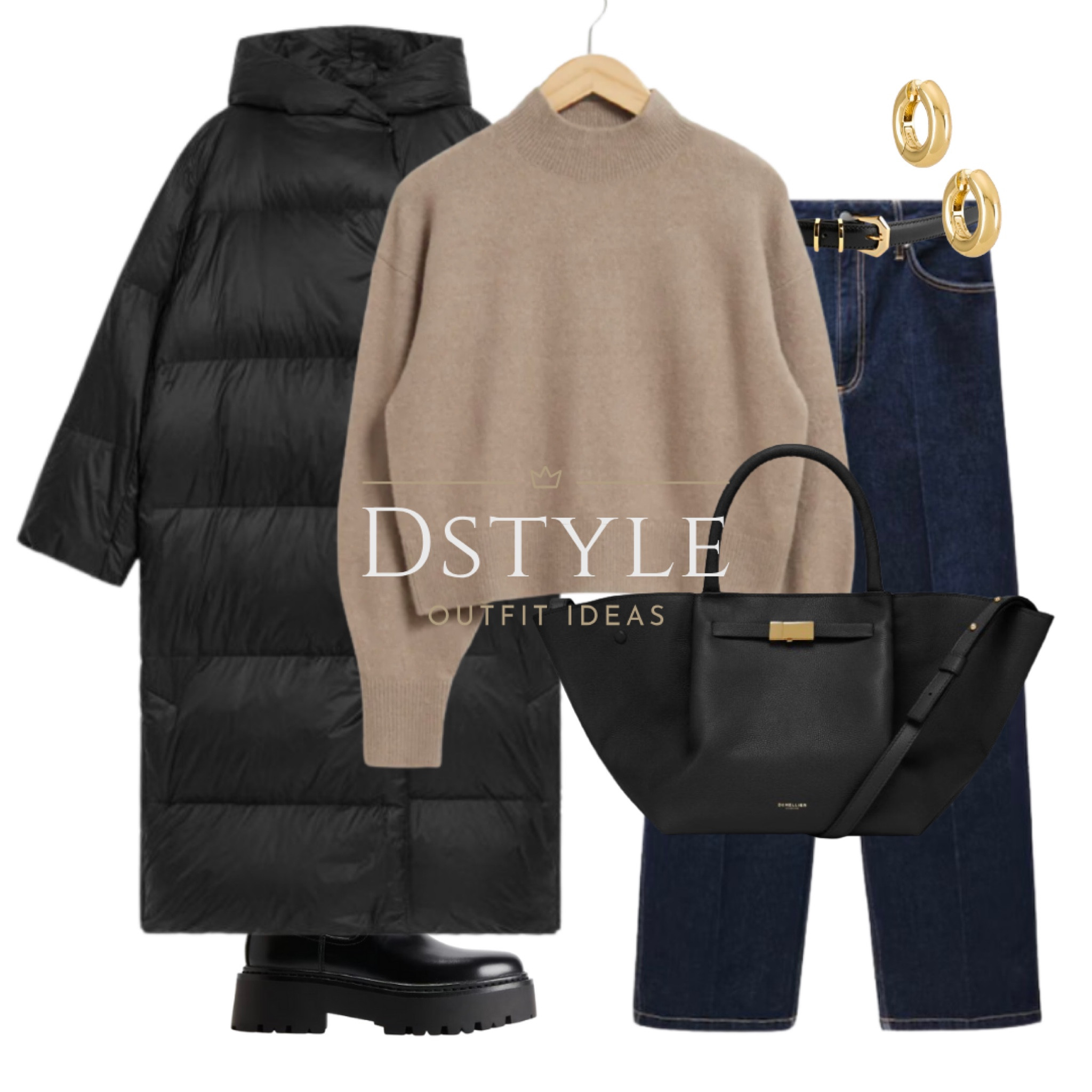 Black down long coat, black puffer jacket, caramel mock neck sweater/ jumper, dark blue wide leg jeans, black leather belt, black leather bag, black chelsea boots, Demellier London, winter outfit, aw24 style, neutral look

#LTKSeasonal #LTKStyleTip #LTKItBag