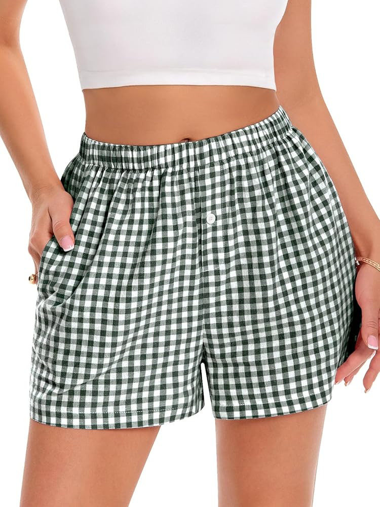 Boxer Shorts for Women Summer Gingham Pajama Casual Plaid Shorts Y2K Beach Bottoms with Pocket | Amazon (US)