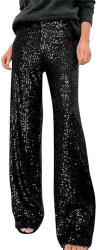 ODIZLI Womens Wide Leg Sparkle Sequin Pants Elastic High Waisted Bling Glitter Dance Pants | Amazon (US)