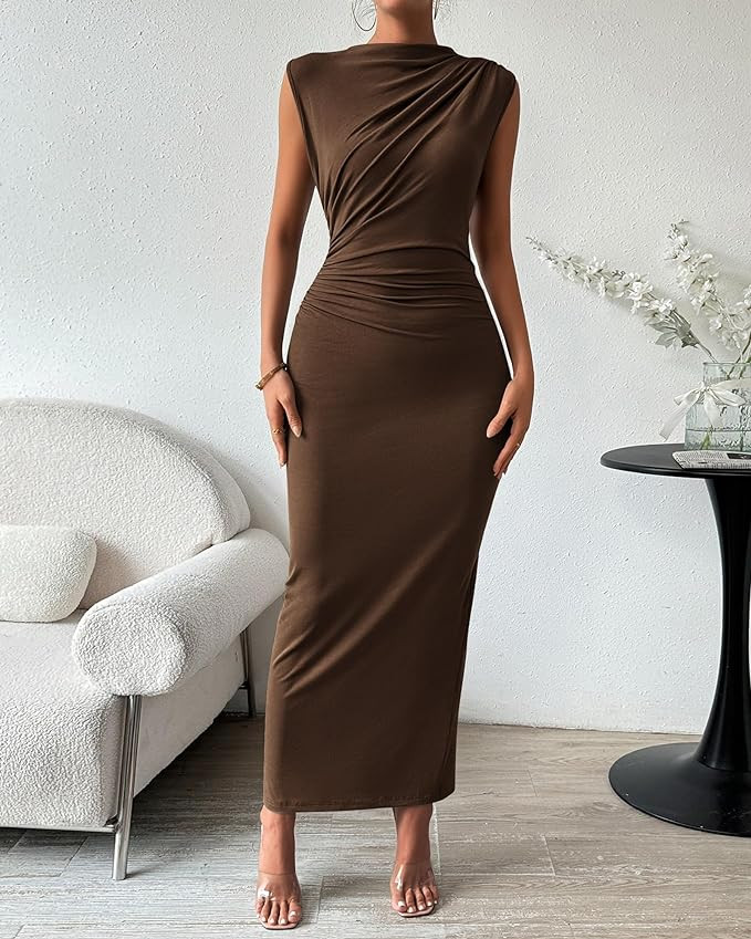 BTFBM Women's Ruched Bodycon Dress Summer Casual Sleeveless Back Slit Elegant Club Evening Party ... | Amazon (US)