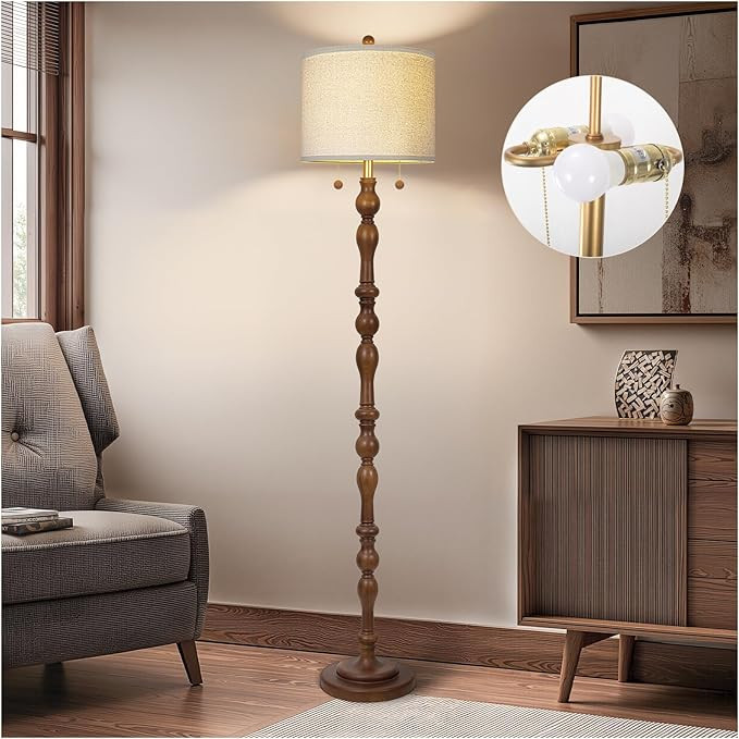 65.5" Natural Real Wood Floor Lamp with S Cluster Pull Chains Dual Switch,Wood Base Standing Lamp... | Amazon (US)