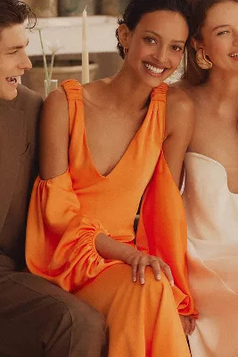 Halston Binnie V-Neck Puff-Sleeve Satin Mermaid Gown | Anthropologie (US)