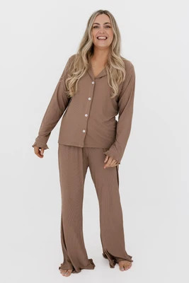Madison Brown Ribbed Women's Long Sleeve Ruffle Set | In My Jammers