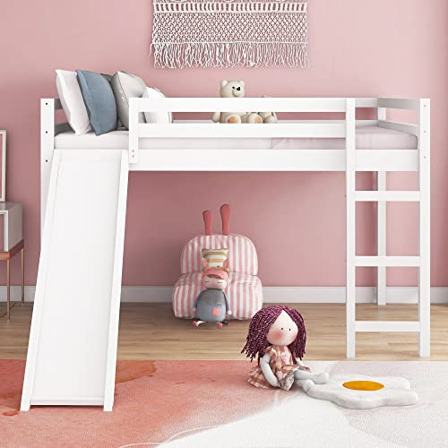Harper & Bright Designs Full Loft Bed with Slide, Solid Wood Low Loft Bed Frame for Kids Girls Bo... | Amazon (US)