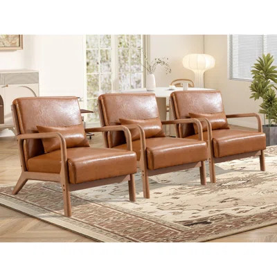 Lyon 25.78" Wide Mid Century Faux Leather Accent Chair with an Extra Pillow(Set of 3) | Wayfair North America