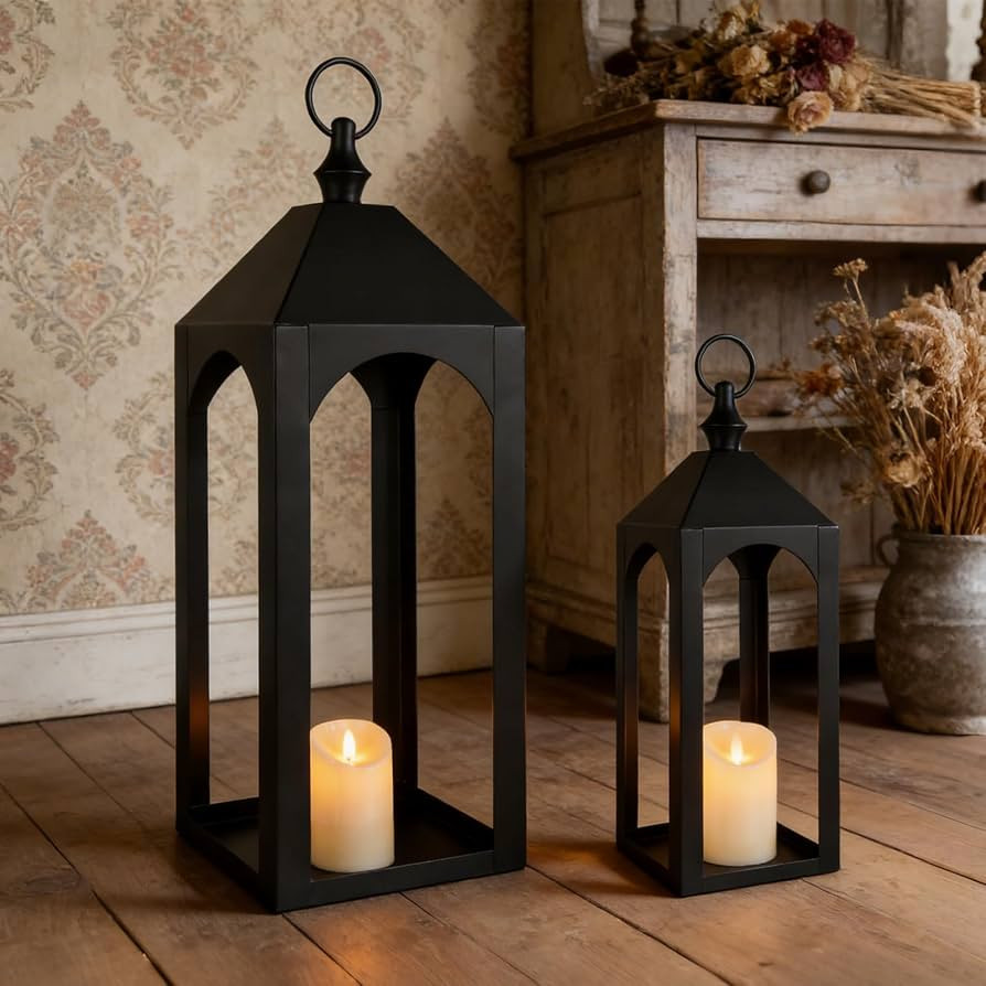 23" 17" Large Black Metal Candle Lanterns Decorative Indoor Modern Farmhouse Lantern Decor Set of... | Amazon (US)
