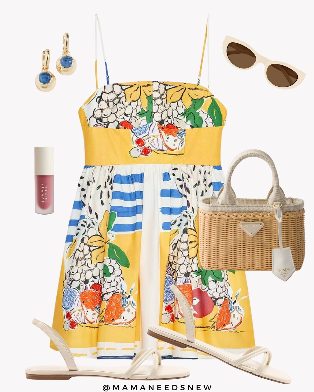 A summer / vacation outfit with a fruit print dress, small woven bag, sandals 💛

#LTKSaleAlert #LTKItBag #LTKStyleTip