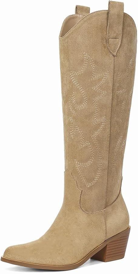 White Cowgirl Boot Cowboy Boots for Women Embroidered Pull-On Chunky Stacked Heel Knee High Weste... | Amazon (US)