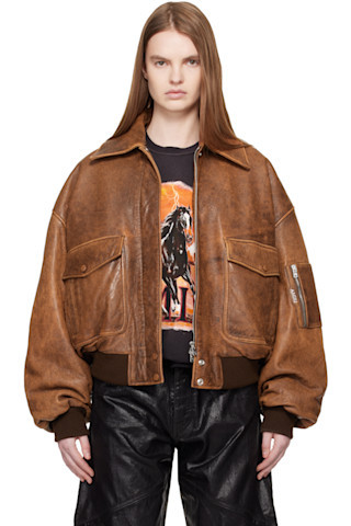 Tan Faded Leather Bomber Jacket | SSENSE