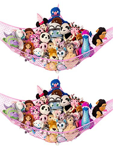 Lilly's Love Stuffed Animal Hammock | Corner Hanging Organizer, Toy Storage, Stuffed Animal Storage Net | Made from Quality Fishing Net, Holds 12lbs | 67"x47"x47" (Pink, 2 Pack) | Amazon (US)