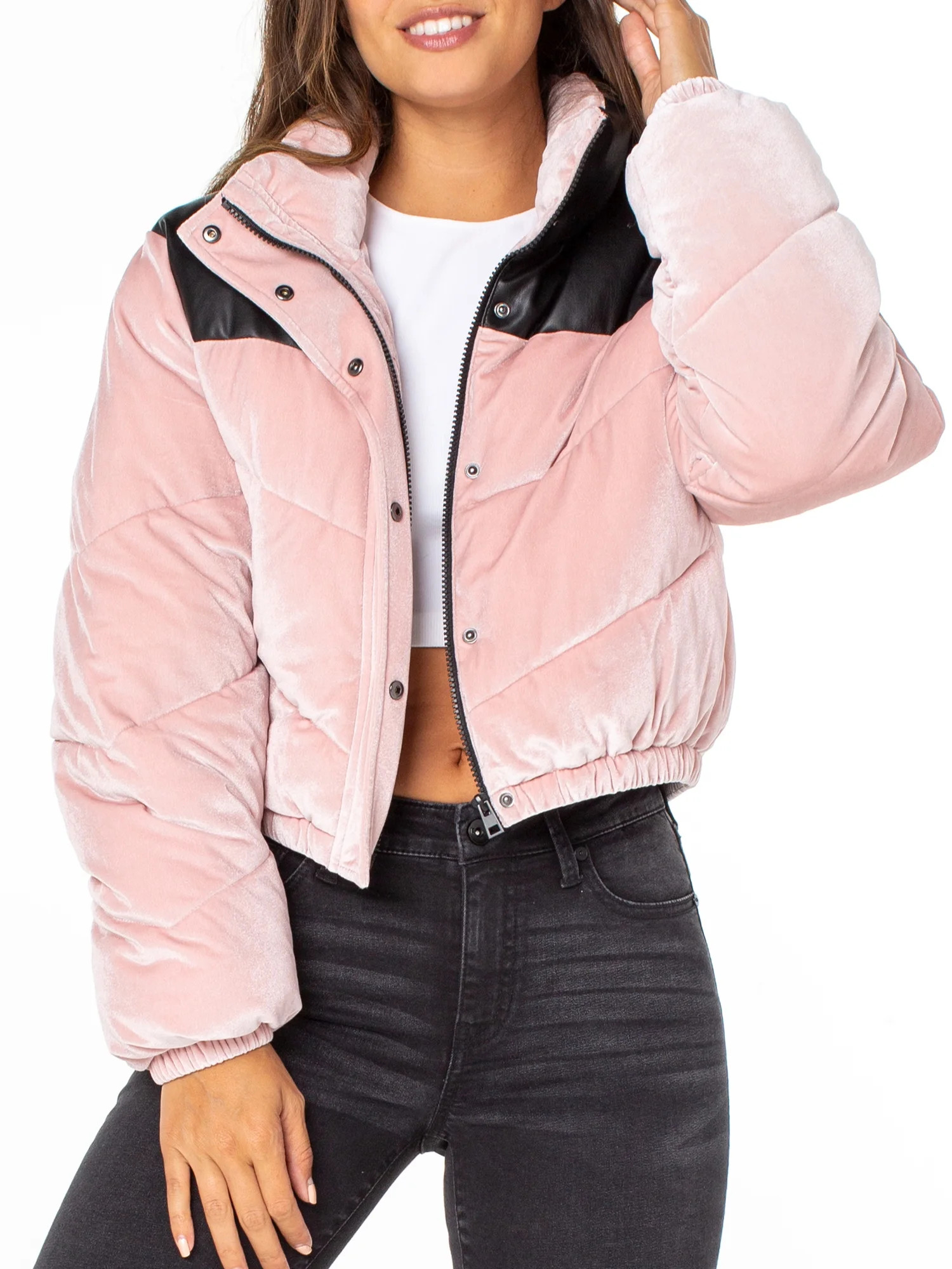 Celebrity Pink Velvet Crop Puffer Jacket, Women's - Walmart.com | Walmart (US)