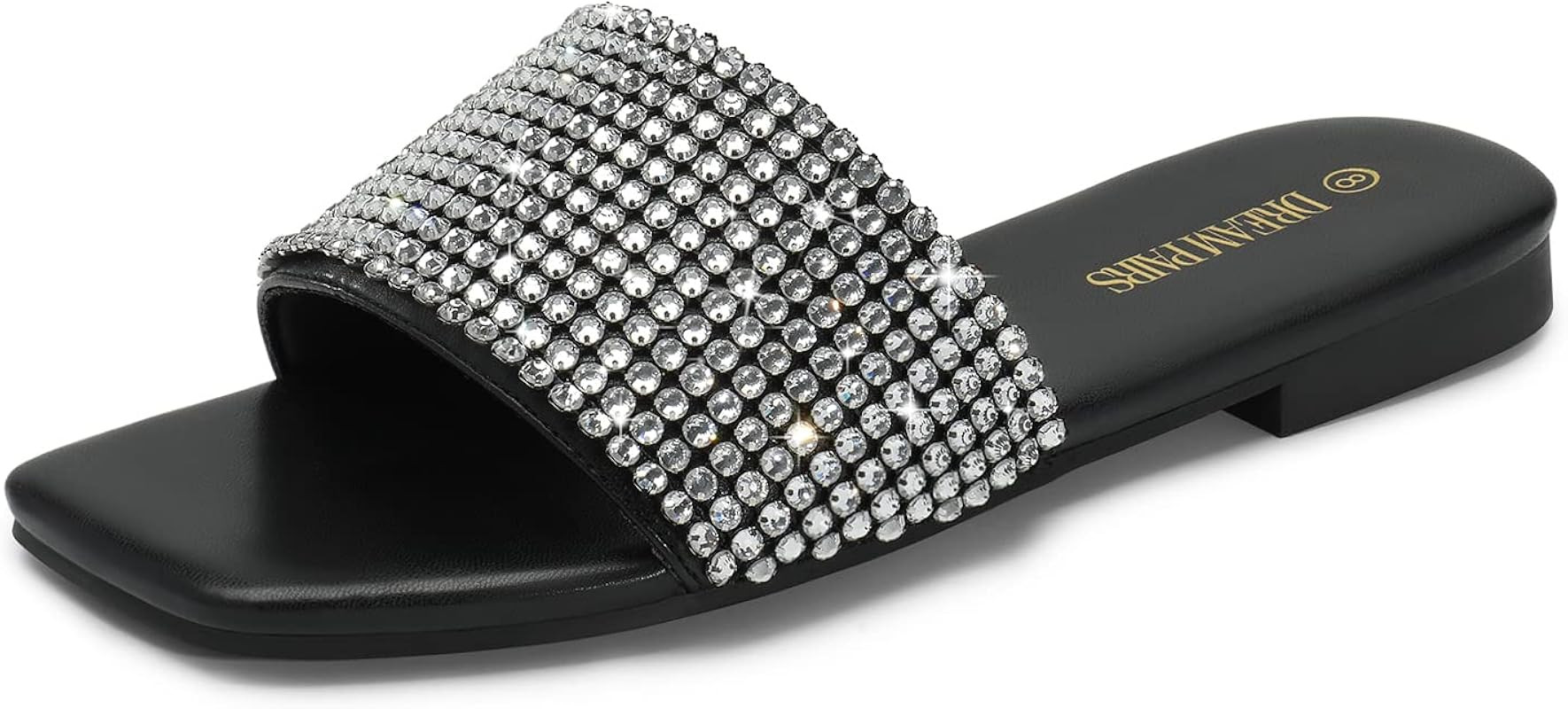 DREAM PAIRS Women's Cute Square Toe Summer Slip on Slides, Rhinestone Open Toe Dressy Flat Sandal... | Amazon (US)