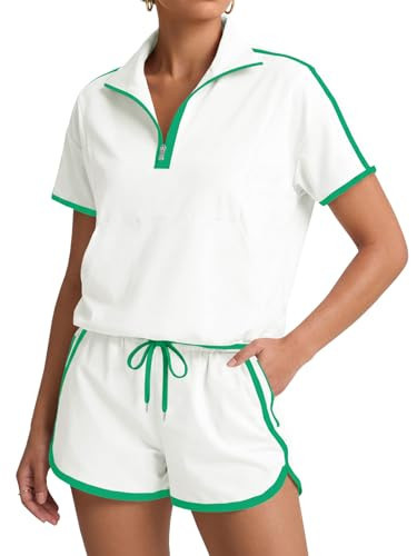 Fisoew Womens 2 Piece Outfits Zip V Neck Short Sleeve Pullover Tops Casual Shorts Tennis Running Tracksuits Short Sets | Amazon (US)