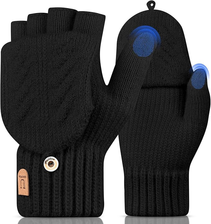 Fingerless Gloves, Winter Thermal Mittens Touch Screen Knit Half Finger for Running Dog walking -... | Amazon (US)