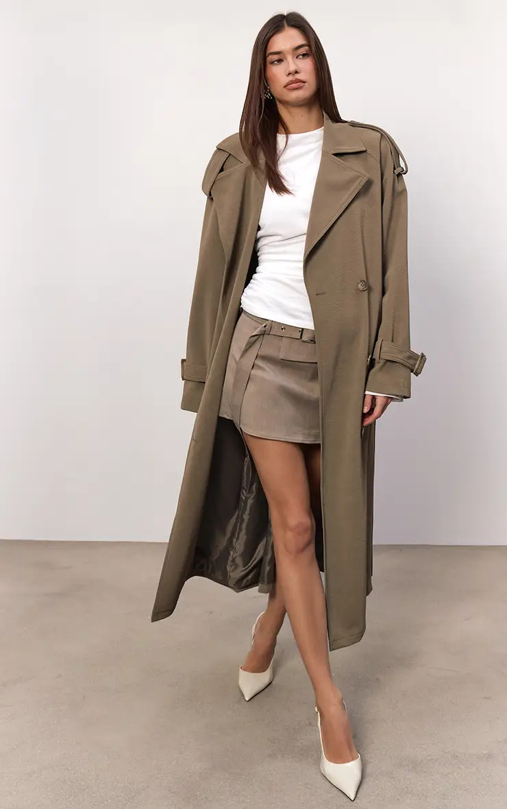 Jackets & Coats | Beige Peached Faux Leather Trench Coat | PrettyLittleThing | PrettyLittleThing UK