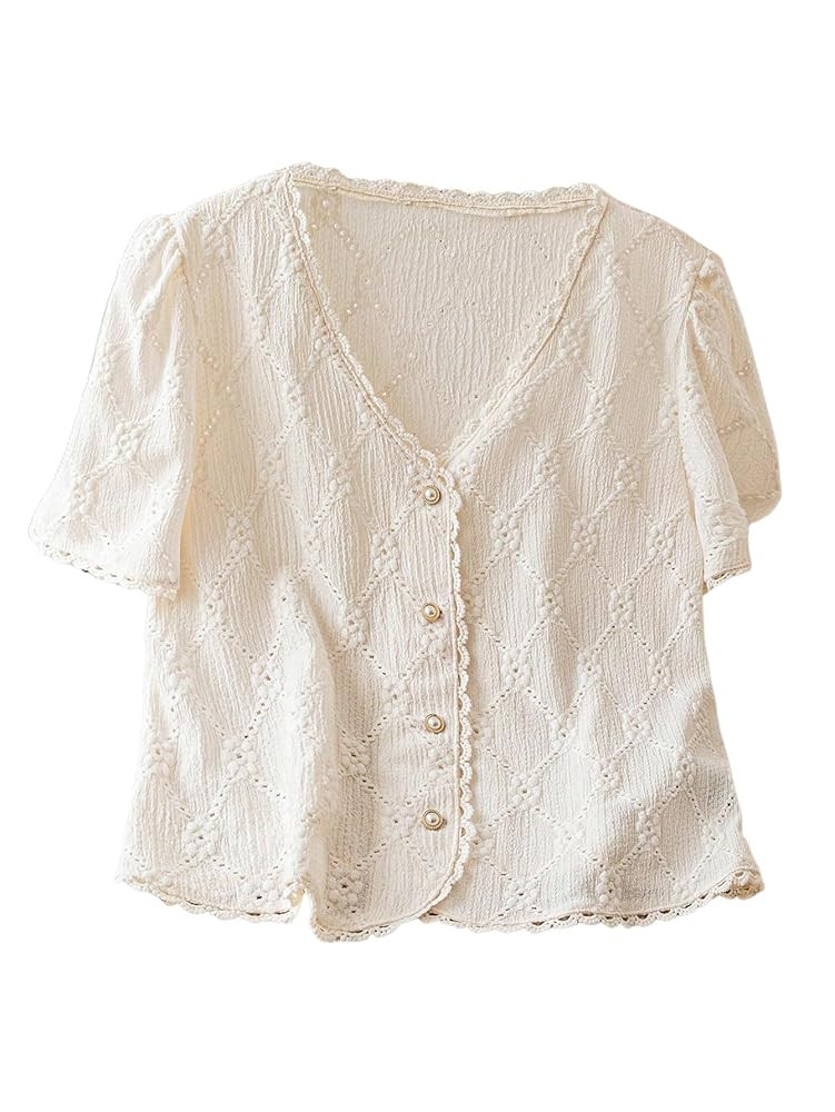 COZYEASE Women's Floral Embroidered Button Down Blouse Frill Trim Short Puff Sleeve V Neck Vacati... | Amazon (US)