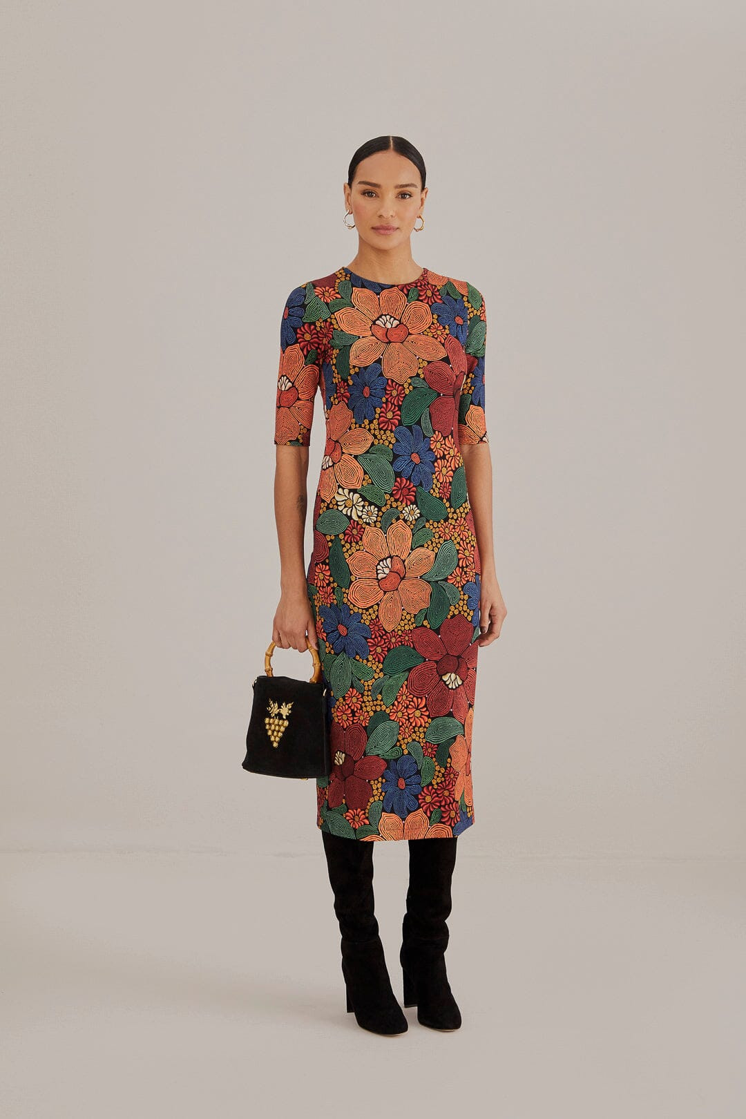 Black Stitched Flowers Lenzing™ Ecovero™ Viscose Midi Dress | FarmRio (US)