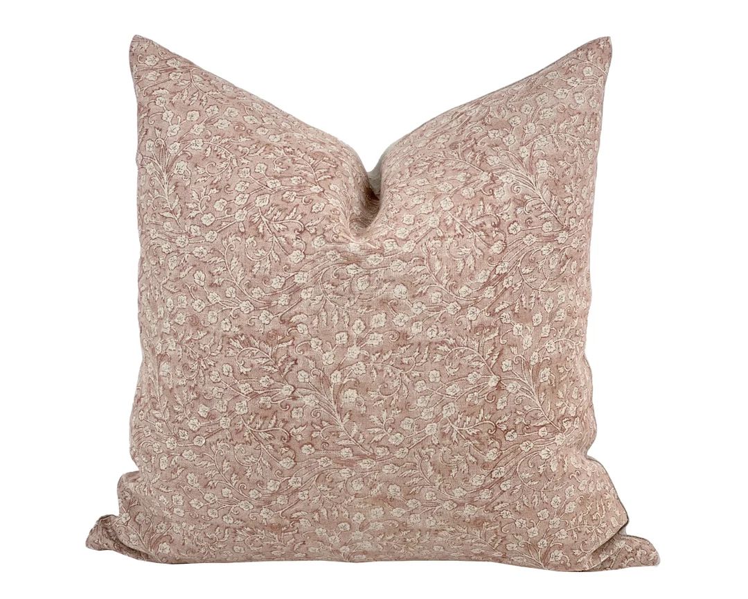 ROSEMARY Designer Blush Floral Linen Pillow Cover, Block Print Pillow, Blush Floral Pillow, Light... | Etsy (US)