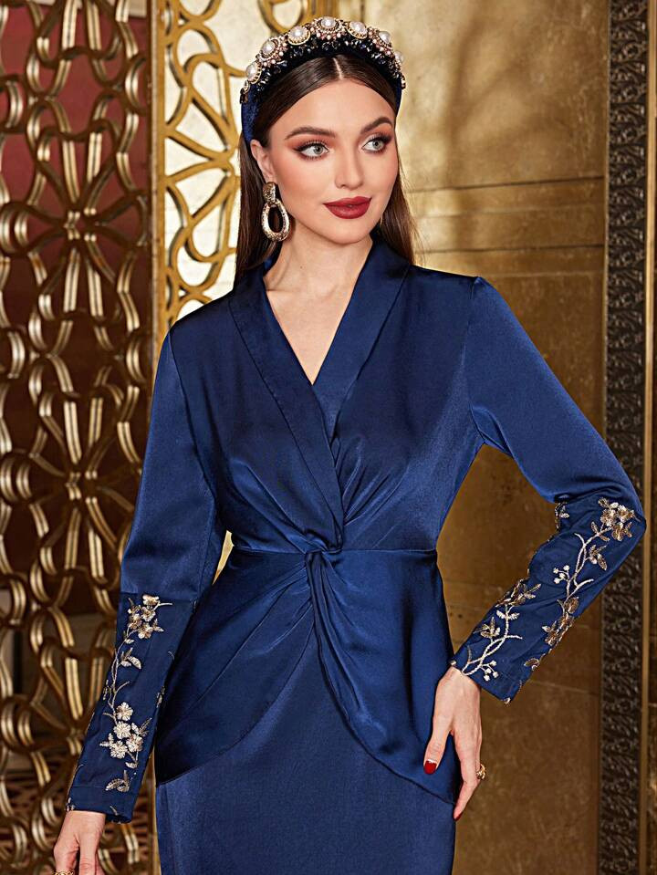 Modelyn Women'S Long Sleeve Dress With Knot Detail And Flower Embroidery Long Evening Dresses | SHEIN