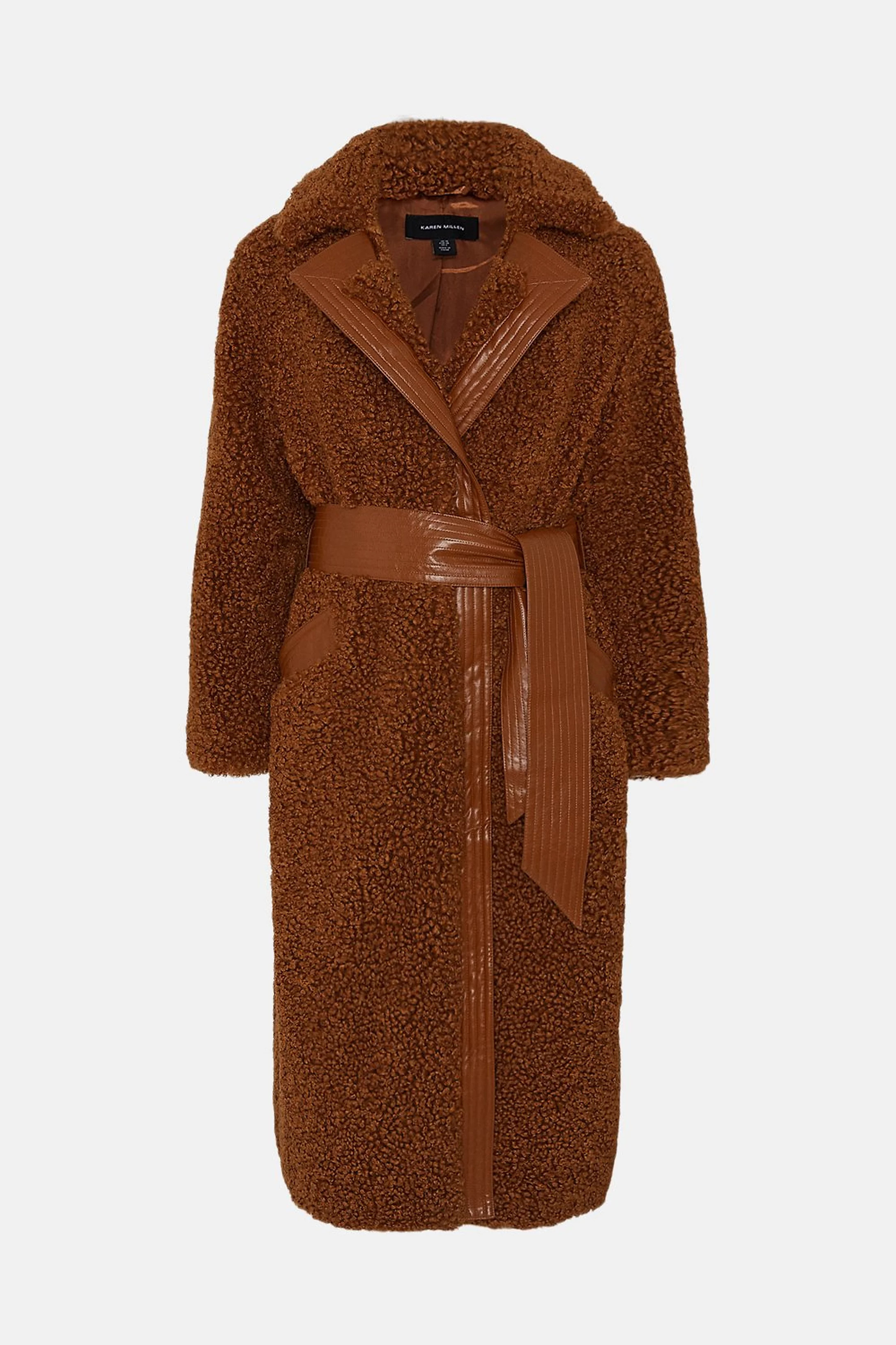 Teddy Longline PU Belted Coat | Karen Millen US