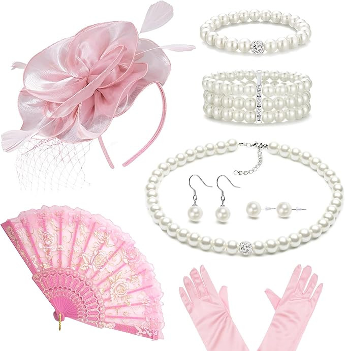 Tea Party Costume Outfit for Women Fascinator Hats Glove Fan Pearl Set Halloween Cosplay Tea Part... | Amazon (US)