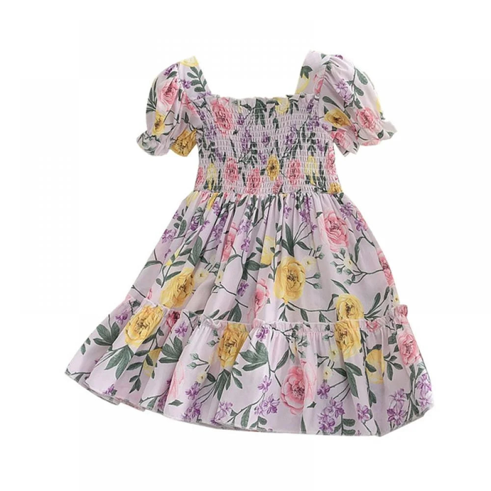 Maxcozy Little Girl Square Neck Puff Short Sleeve Floral Princess Dress Sundress 5-14 Years - Wal... | Walmart (US)