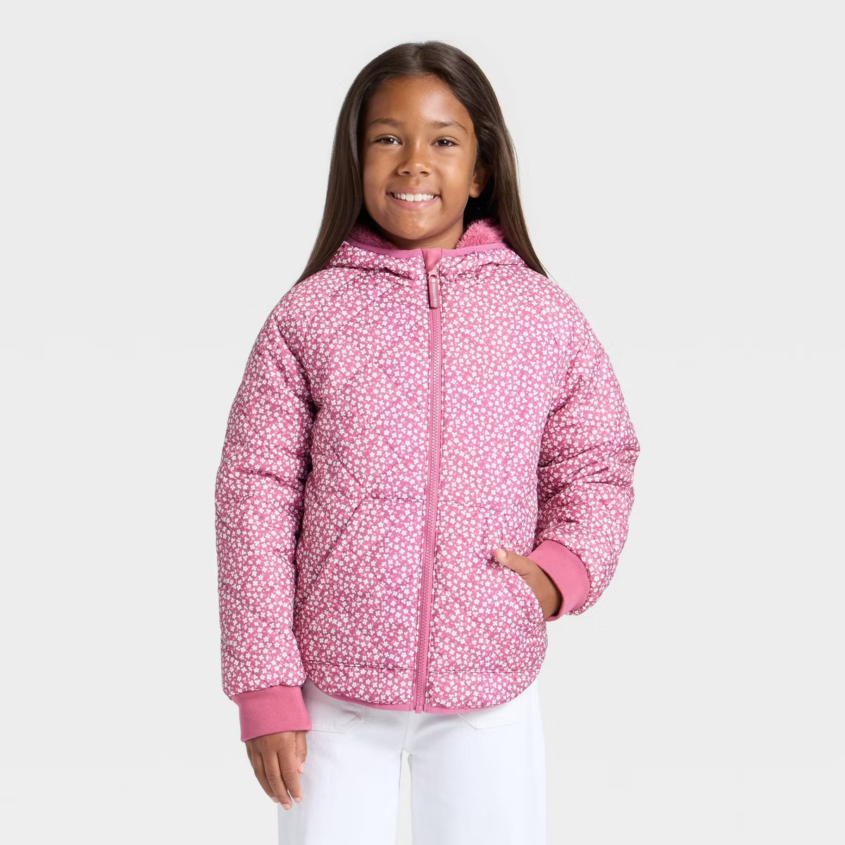 Girls' Floral Printed Hooded Reversible Puffer - Cat & Jack™ Rose Pink M | Target