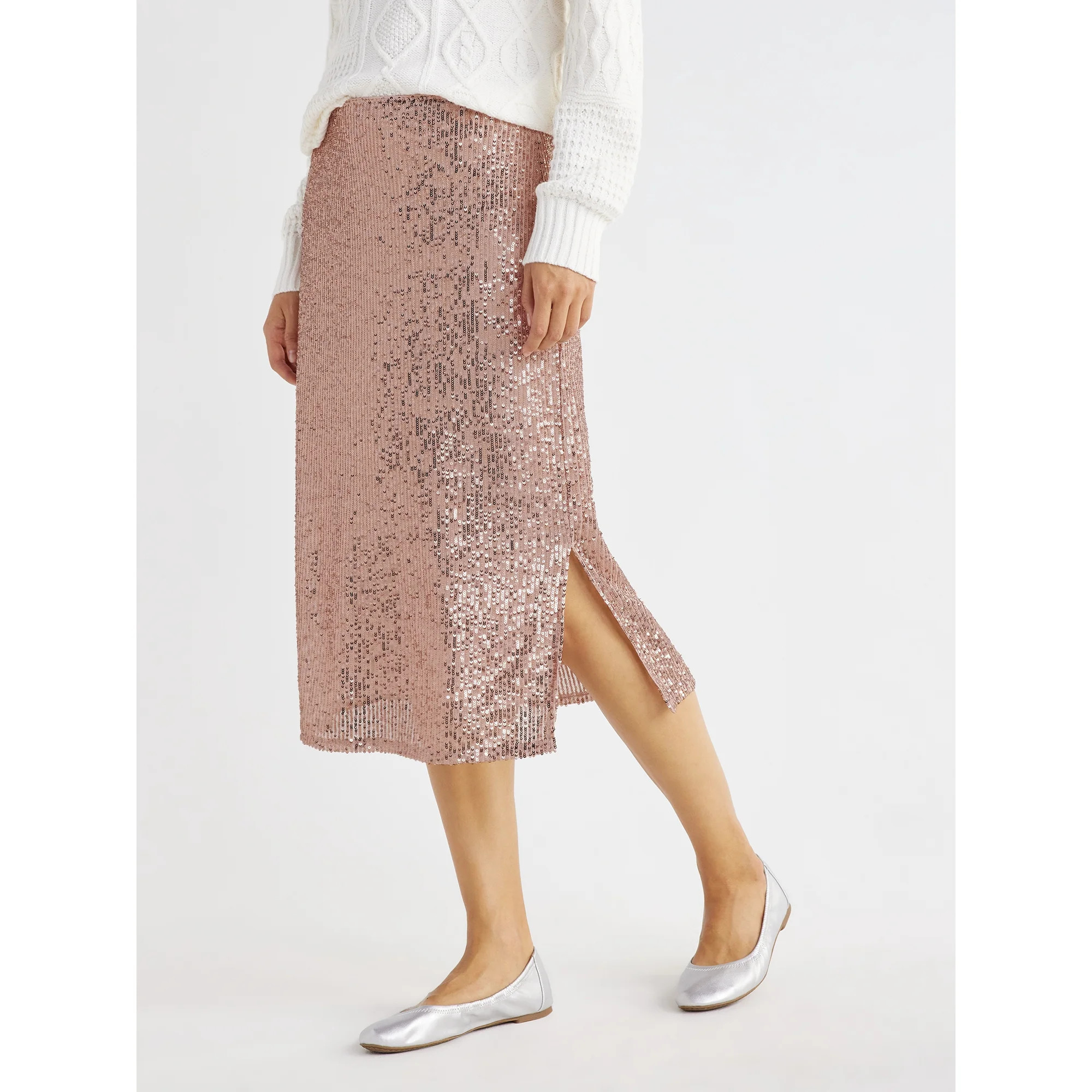 Time and Tru Women's Sequin Pull On Skirt with Side Slit, Sizes XS-XXXL | Walmart (US)