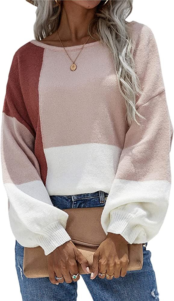 ECOWISH Women Sweater Long Sleeve Color Block Knit Pullover Sweaters Crew Neck Patchwork Casual Loos | Amazon (US)