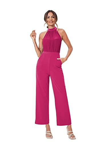 SweatyRocks Women's Elegant Sleeveless Halter High Waist Flare Leg Pants Romper Jumpsuit Hot Pink M | Amazon (US)