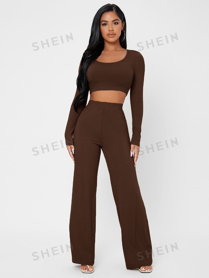 SHEIN PETITE Scoop Neck Rib-knit Crop Tee & Wide Leg Pants Set | SHEIN