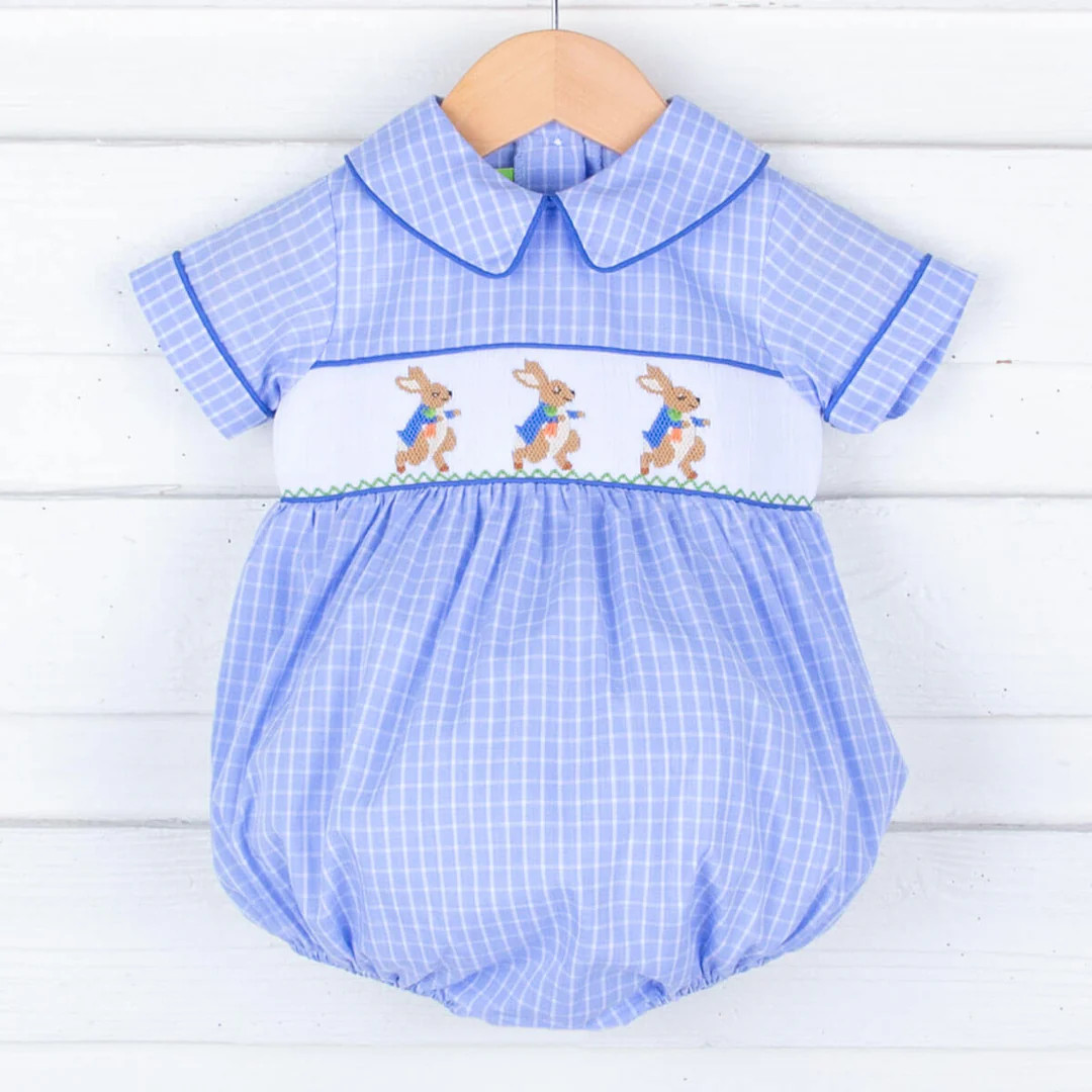 Storybook Smocked Blue Windowpane Boy Bubble | Classic Whimsy