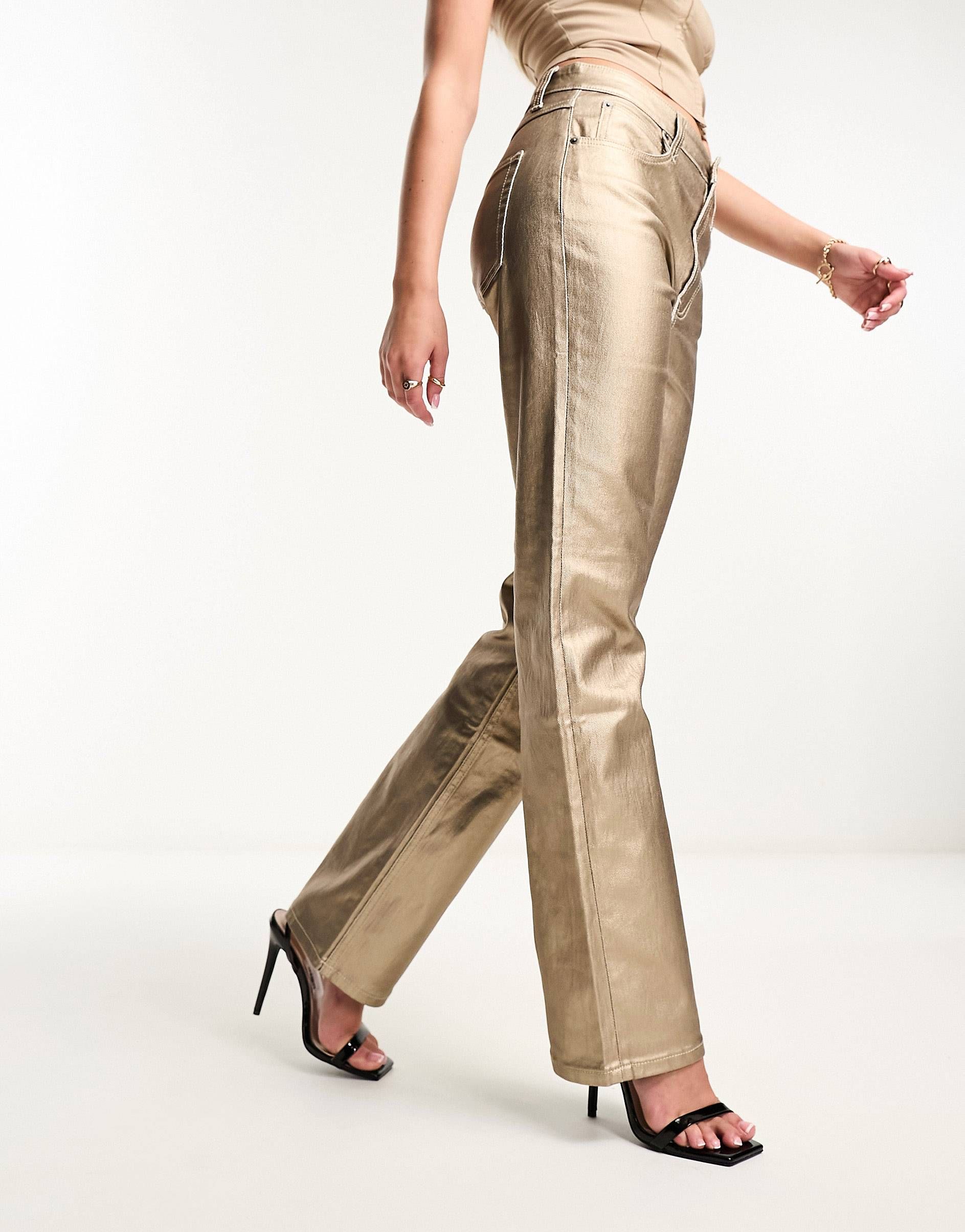 ASOS DESIGN slim straight jean in metallic gold | ASOS (Global)