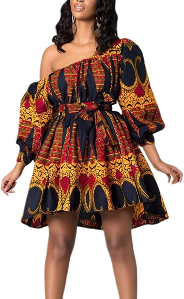 Women Boho African Floral Print Pleated Short Midi Dress Multi-Way Dress for Casual Rave Club Par... | Amazon (US)