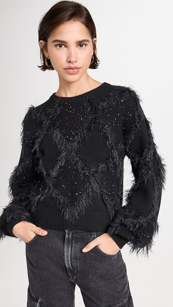 Autumn Cashmere Sequin Diamond Stitch Crew Sweater with Eyelash Trim | Shopbop | Shopbop