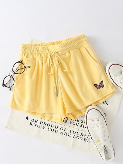 Butterfly Embroidery Drawstring Waist Shorts | SHEIN