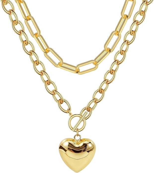 14K Gold Plated Paperclip Choker Necklace with Heart Charm - Trendy Layered Dainty Chain Jewelry ... | Amazon (US)