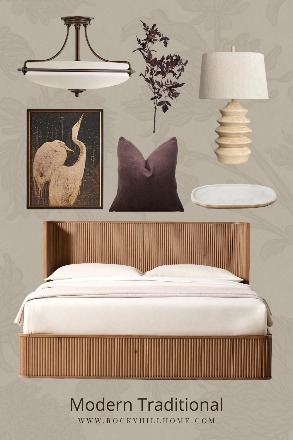 Create a sanctuary with this neutral bedroom mood board with warm wood textures, organic shapes and sophisticated plum accents. Featuring a stunning fluted wood bed frame from CB2, sculptural table lamp, and moody heron wall art from Anthropologie, these pieces create a high-end, curated look. Perfect for a primary bedroom refresh or a cozy guest suite.

#LTKHome #LTKSaleAlert #LTKFindsUnder100