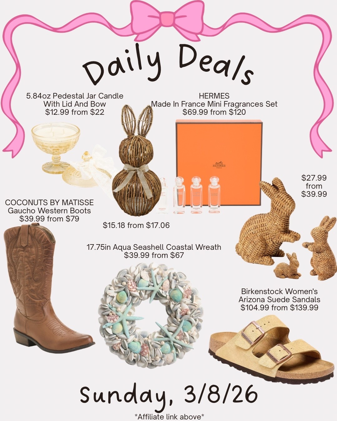 Deals of the day. Easter decor. Hermes perfume. Candle. Cowboy boots. Birkenstock sandals. Wreath 

#LTKSeasonal #LTKSaleAlert #LTKHome