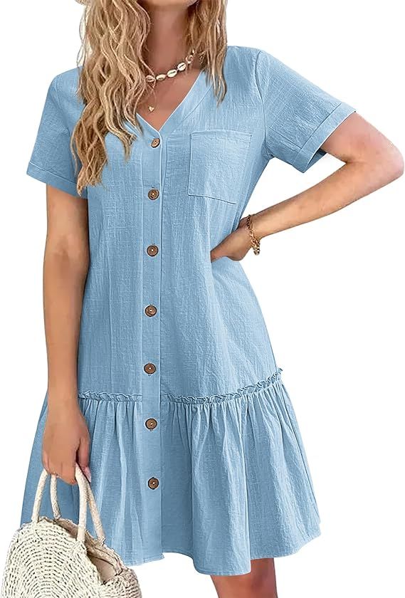 HOTOUCH Women Button Down Dress Loose Summer Cotton Linen Dress Ruffle Hem Casual Dress Short Sle... | Amazon (US)