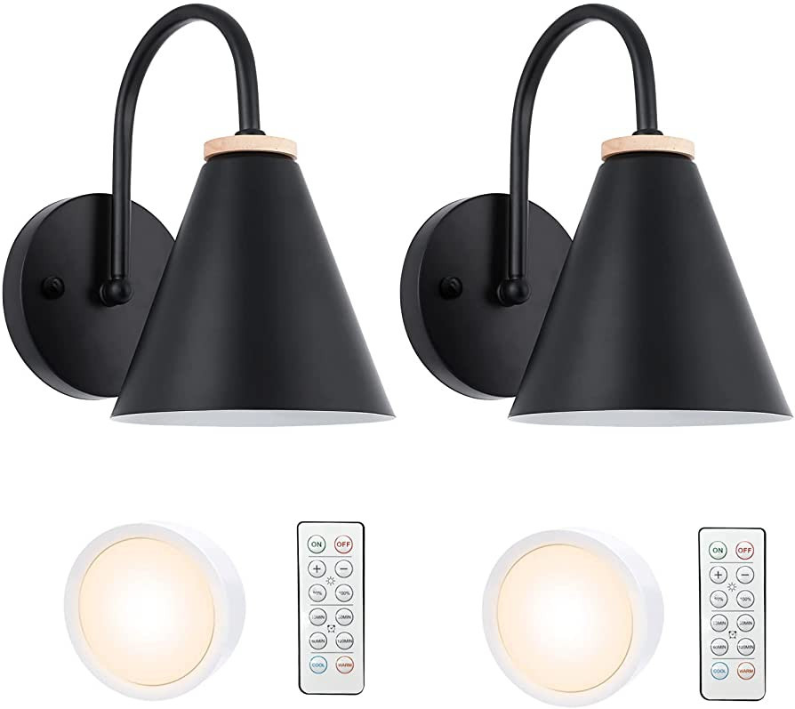 Battery Operated Black Faux-Wood Industrial Wall Sconce Set of Two, Easy to Install Not Wires, Re... | Amazon (US)