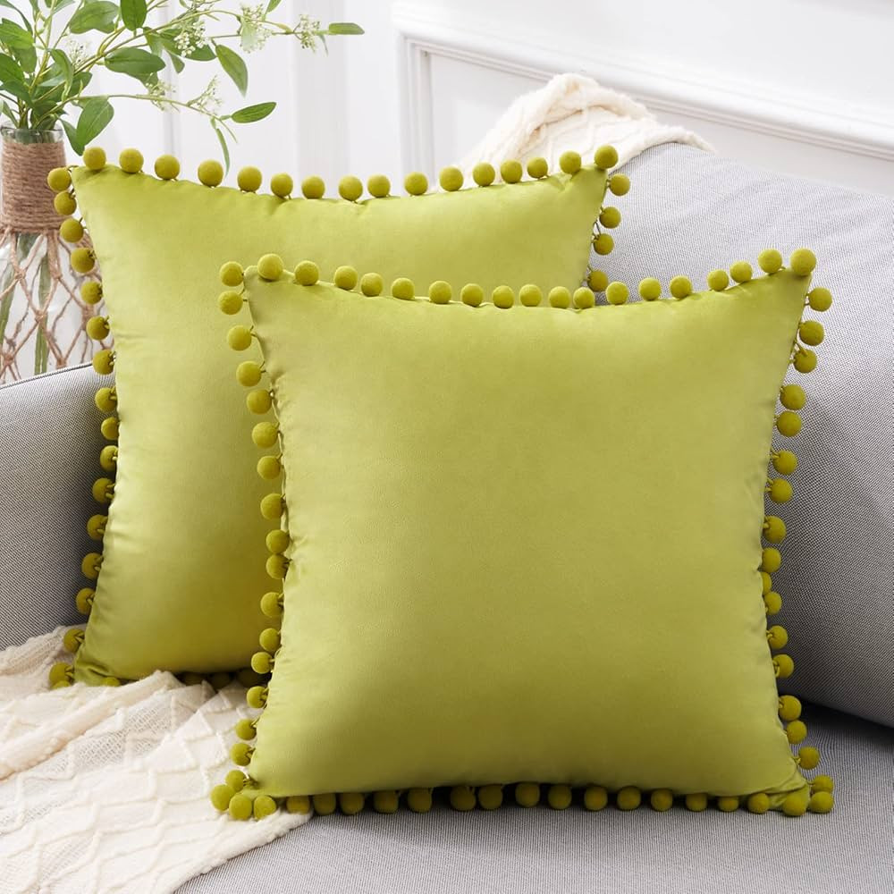 Top Finel Grass Green Couch Pillow Covers 18x18 Set of 2 Decorative Throw Pillow Covers with Pom ... | Amazon (US)