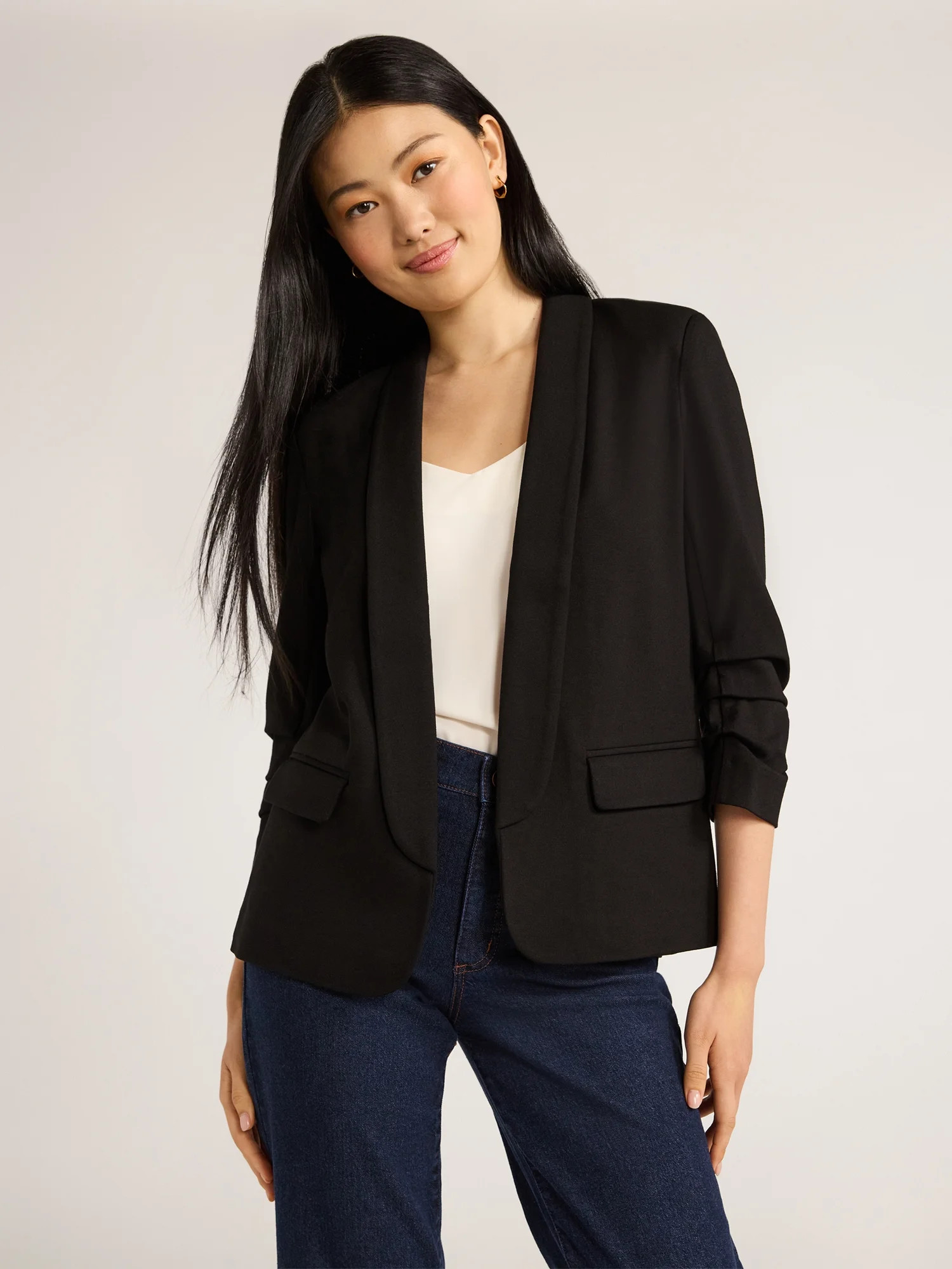Scoop Women's Scrunch Sleeve Ponte Blazer with Shawl Collar, Sizes XS-XXL | Walmart (US)