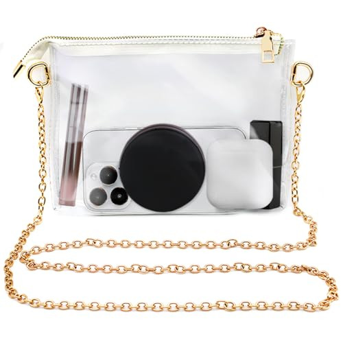 SourceTon Stadium Approved Clear Crossbody Bag for Women - Transparent Purse with Gold Chain, Waterproof Concert Bag for Sporting Events, Music Festivals (20x13x2cm, 120cm Chain) | Amazon (US)