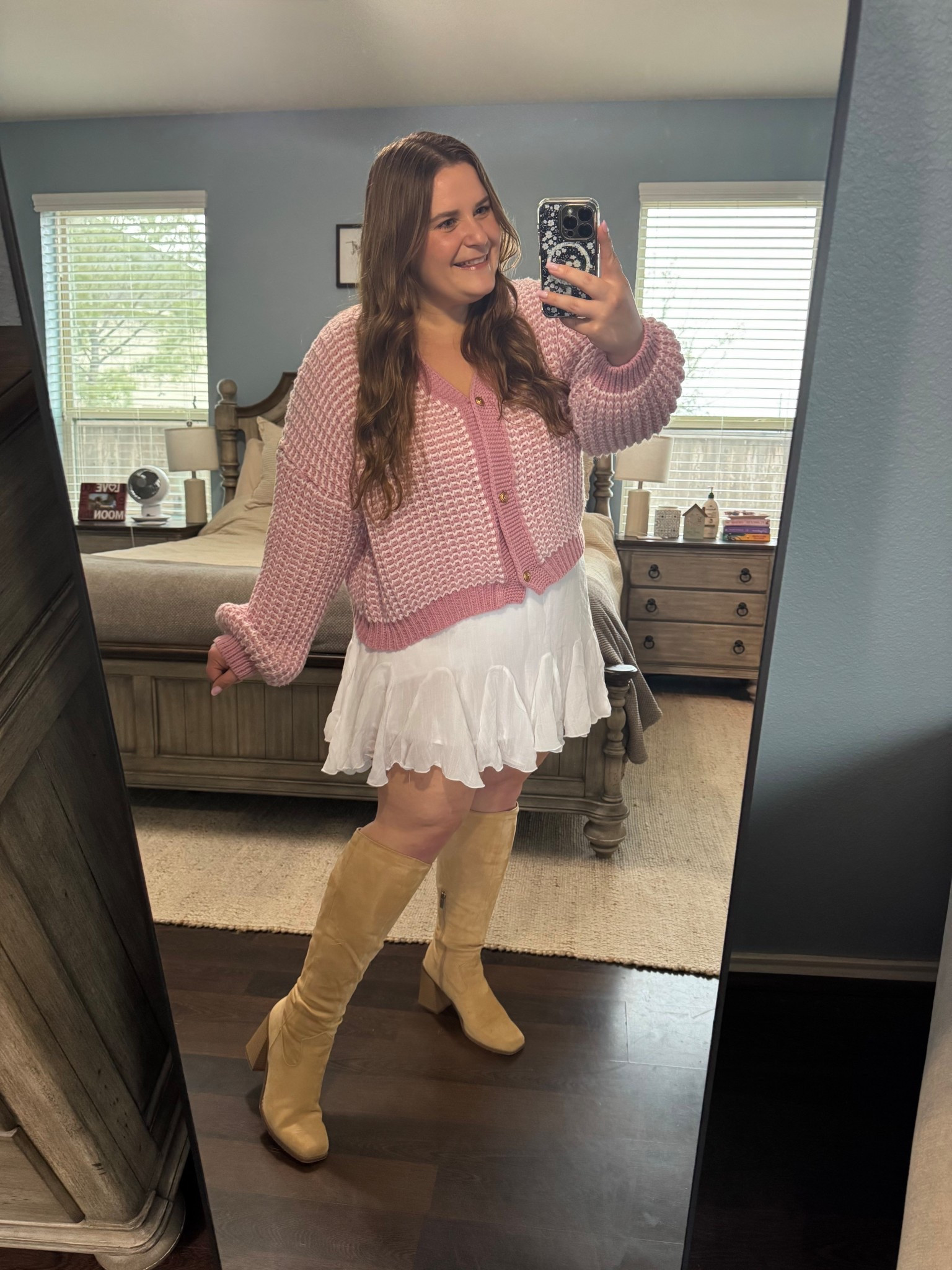 A little Valentine’s Day outfit! Wearing an xxl in the cardigan and an xxl in the skirt. Paired with the perfect wide calf friendly boots! 

#LTKMidsize #LTKPlusSize #LTKootd
