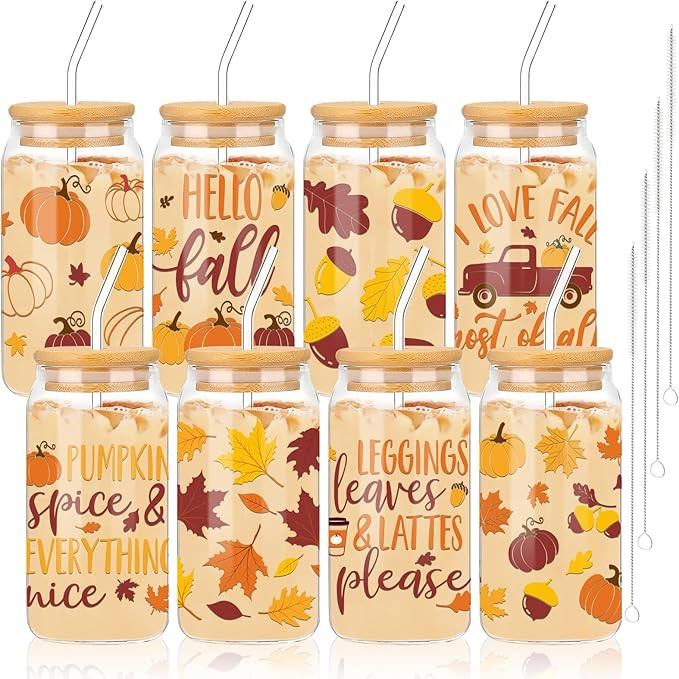 Whaline 8 Pack Hello Fall Drinking Glasses 16oz Pumpkin Maple Leaf Truck Glass Cup Fall Harvest I... | Amazon (US)