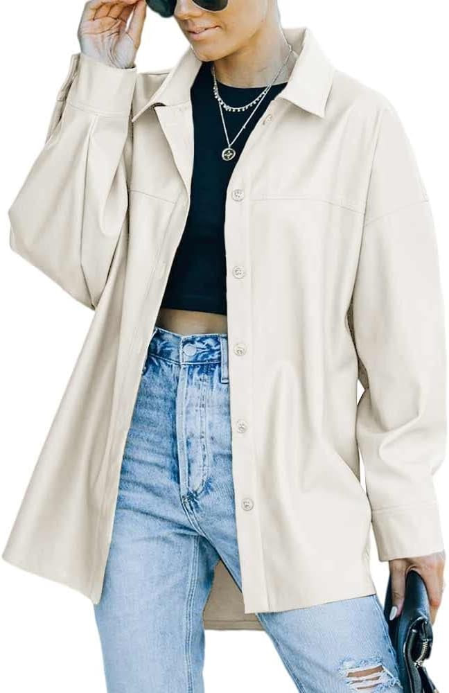 Cnkwei Womens Faux PU Leather Shackets Buttons Down Casual Long Sleeve Shirt Jacket Outwear | Amazon (US)