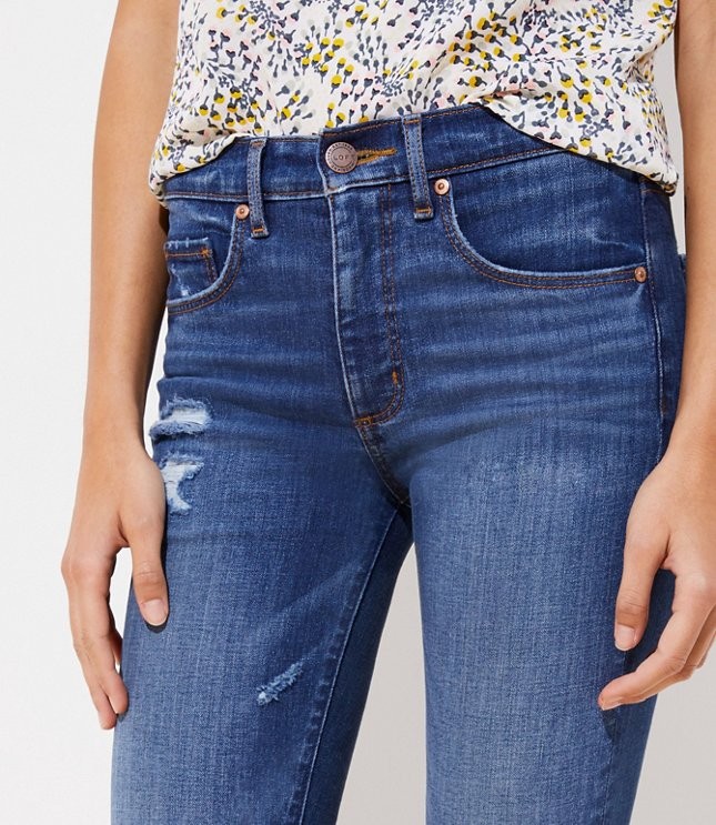 Distressed Skinny Jeans in Mid Indigo Wash | LOFT | LOFT