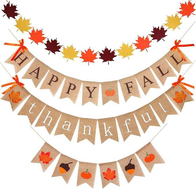JOVITEC 4 Pieces Thanksgiving Fall Banner Burlap Thankful Happy Fall Banner Decorations Pumpkin G... | Amazon (US)